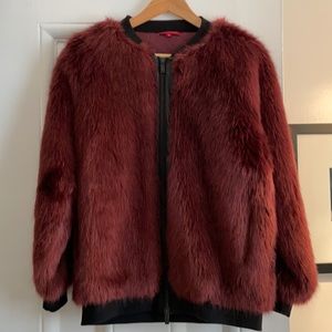 Philanthropy Burgundy Faux Fur zip front bomber jacket with black rib knit trim